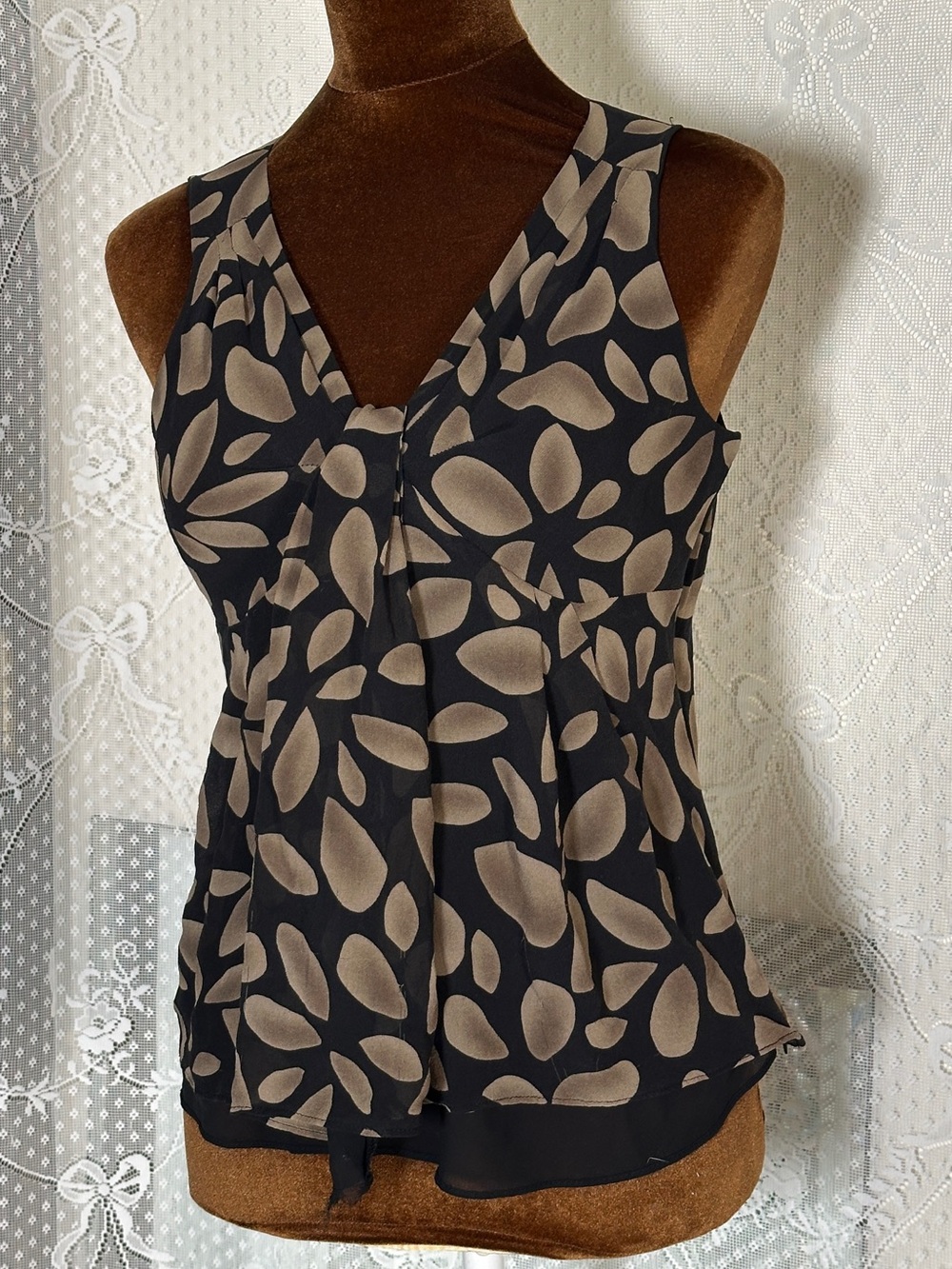 Talbots Black Sleeveless V-Neck Blouse with Taupe Leaf Print
